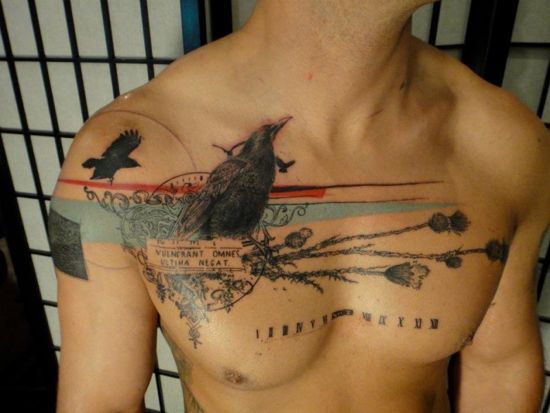 Black Crow Artistic Tattoo On Man Chest