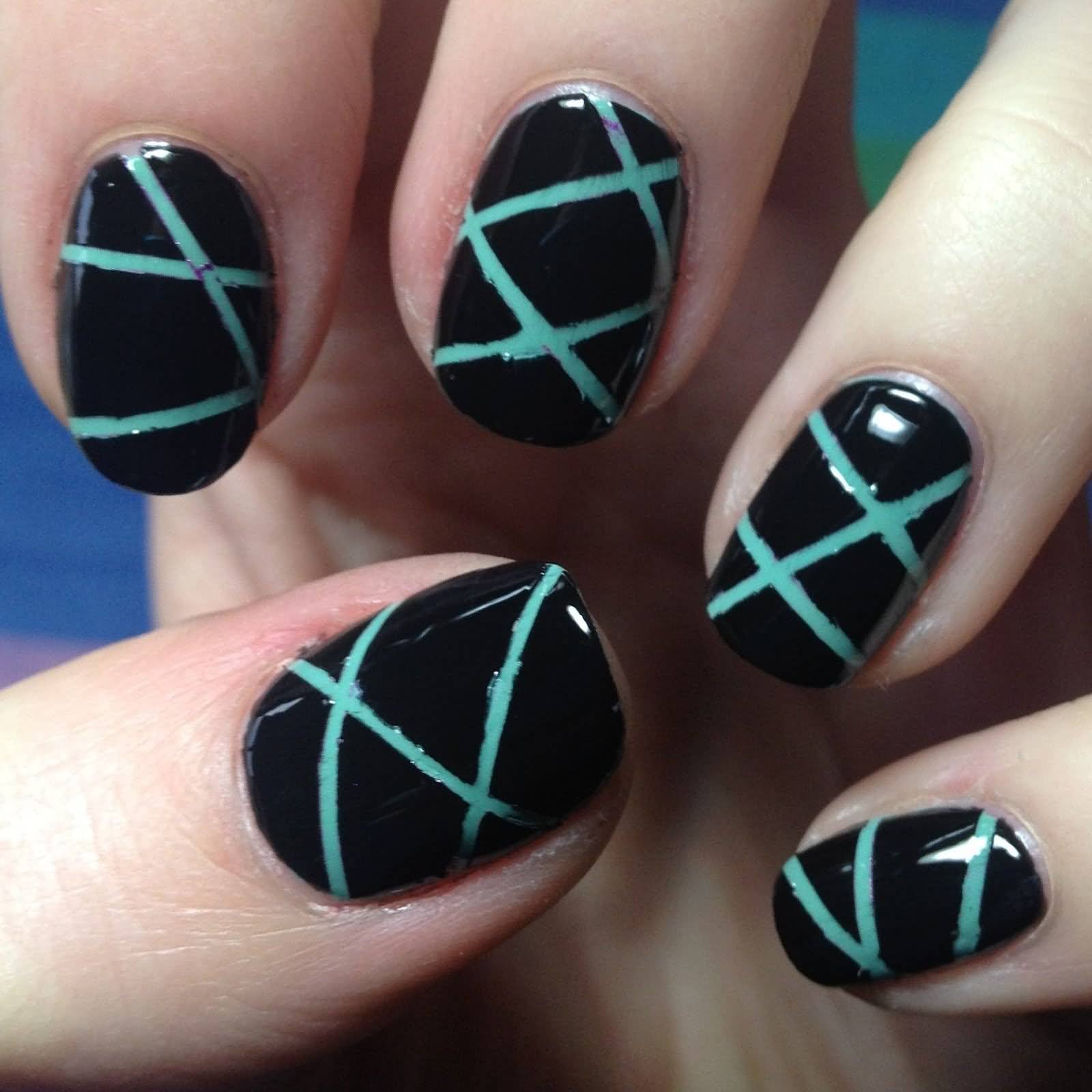Black Glossy Nails With Blue Stripes Design Nail Art