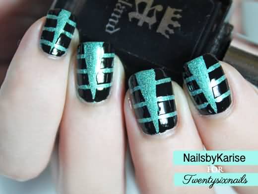 Black Glossy Nails With Green Stripes Design Nail Art