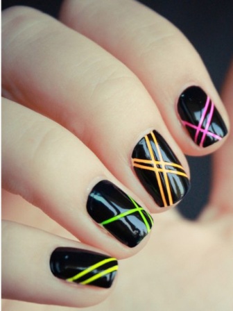 Black Glossy Nails With Multicolor Stripes Design Nail Art