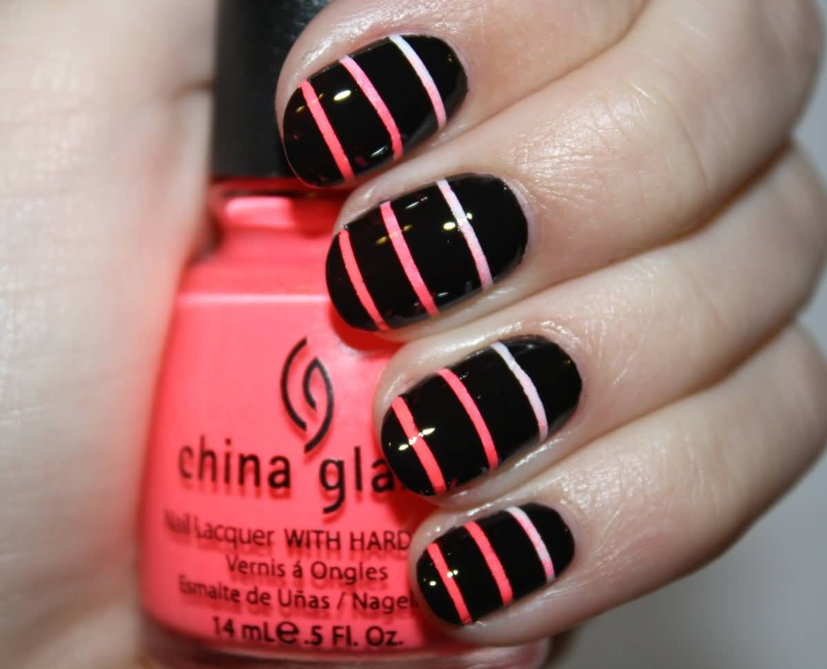 Black Glossy Nails With Pink Ombre Stripes Nail Art