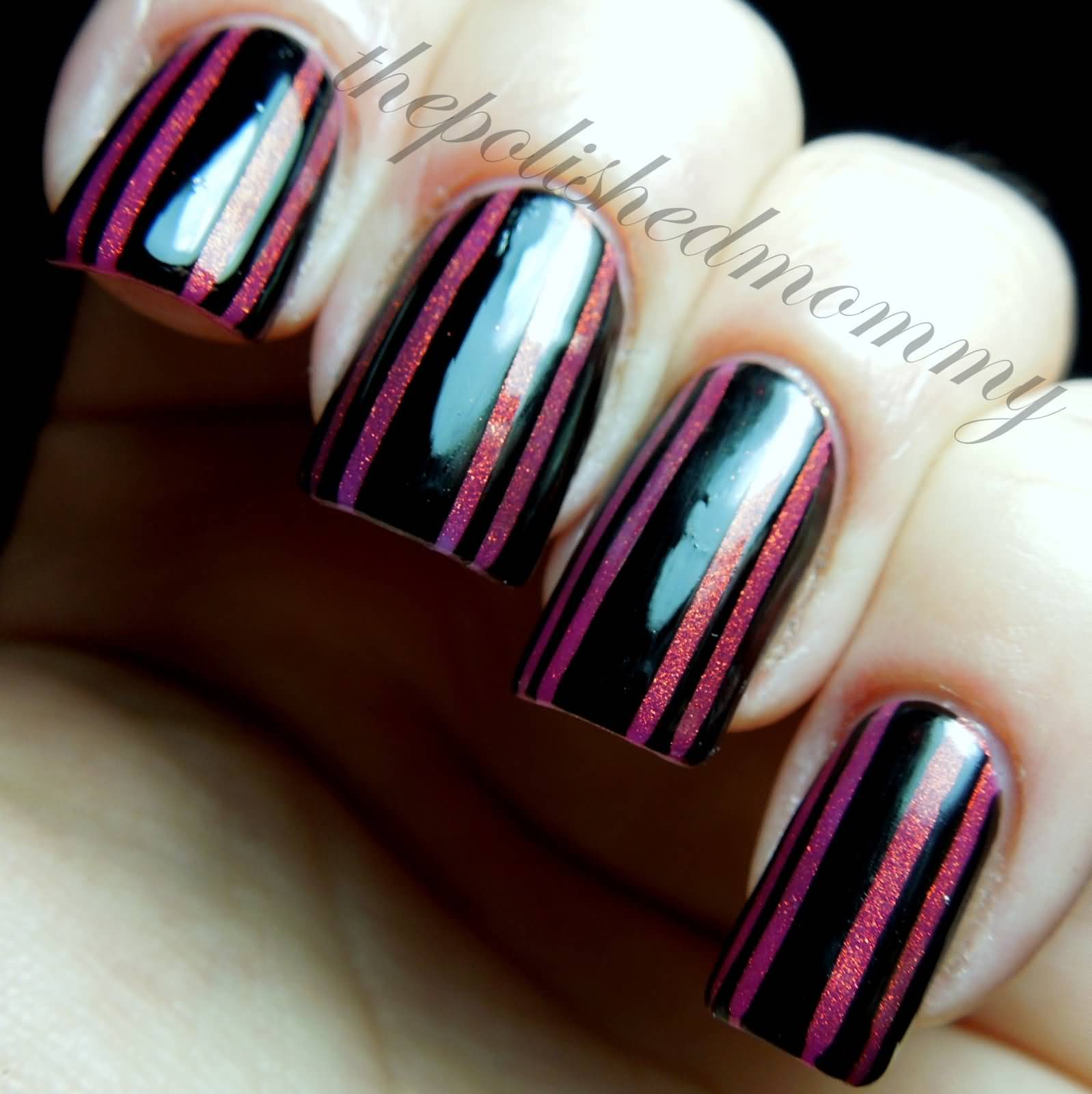 Black Glossy Nails With Purple Stripes Nail Art