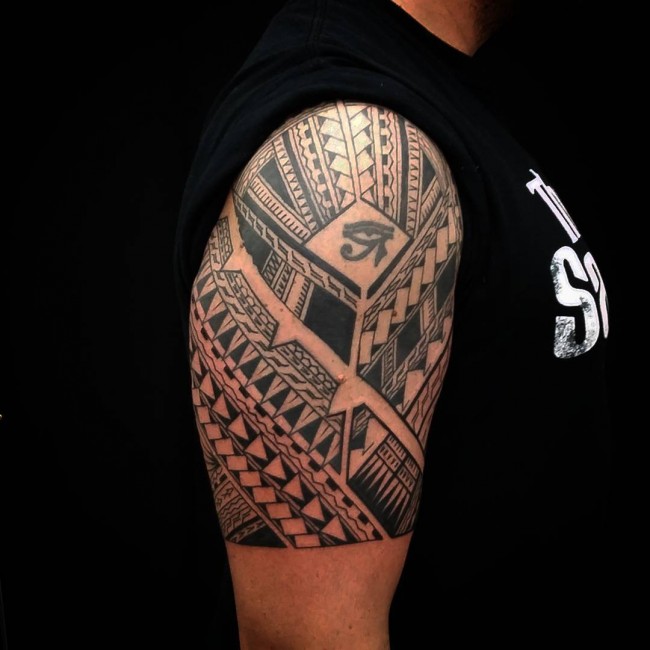 Black Ink Samoan Tattoo On Half Sleeve