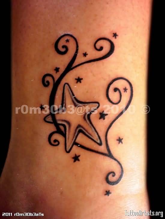 Black Ink Simple Starfish With Design Tattoo