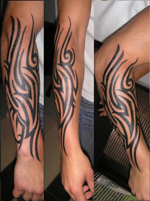 Black Ink Tribal Design Tattoo On Right Arm Sleeve