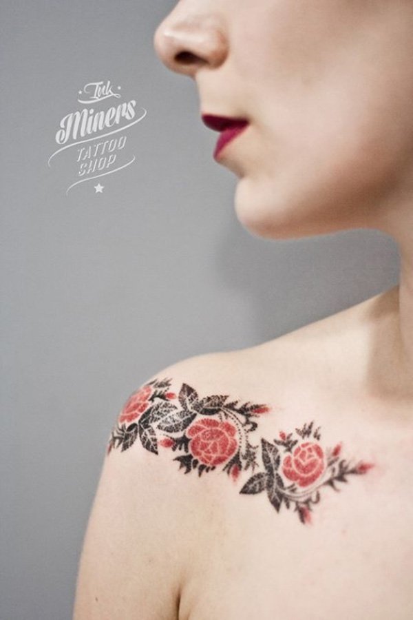 Black Leaves And Red Roses Clavicle Tattoo