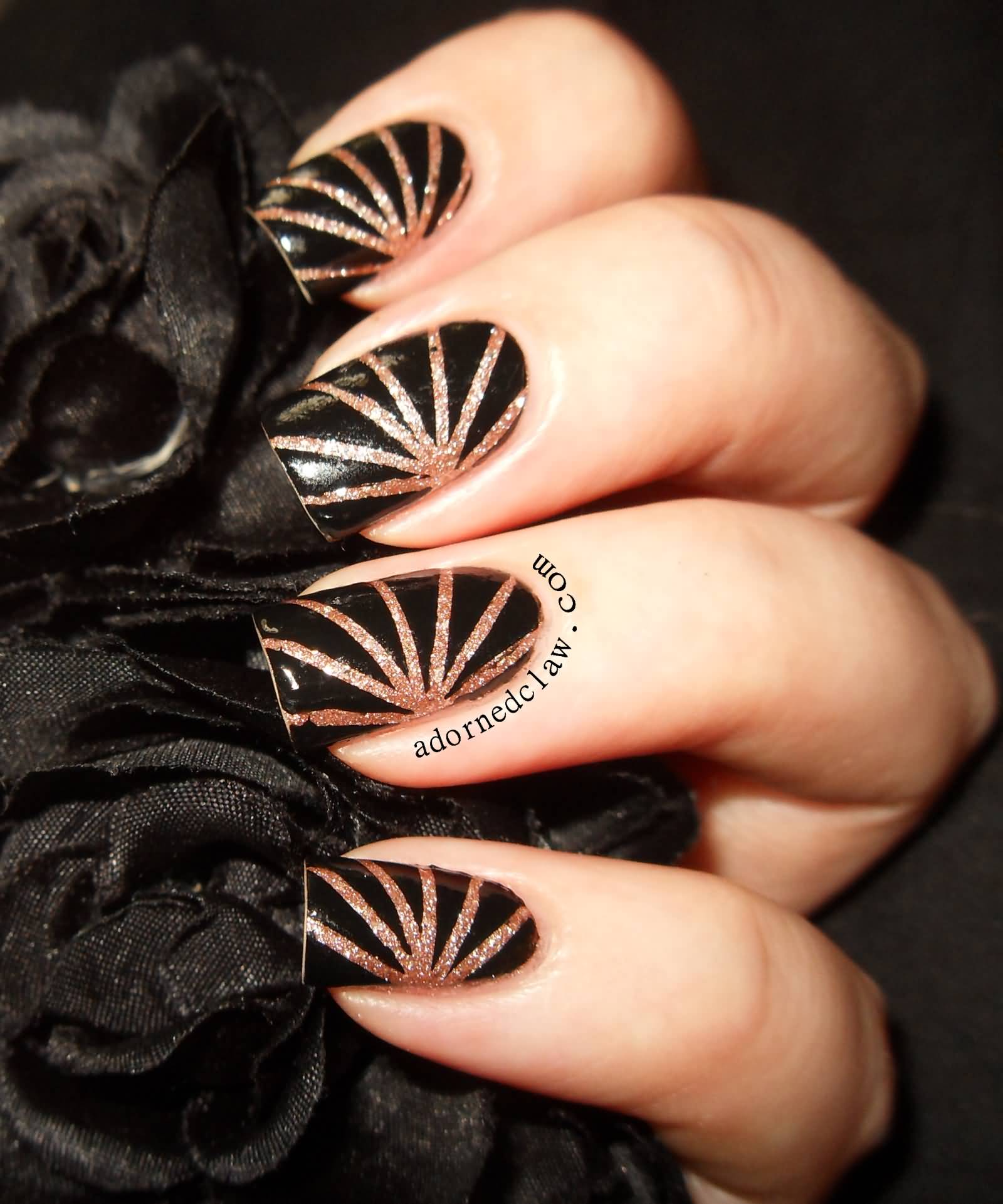 Black Nails With Glitter Stripes Nail Art