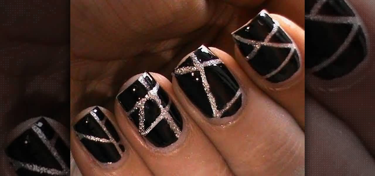 Black Nails With Gold Glitter Stripes Nail Art