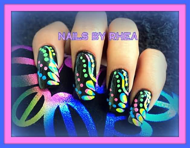 Black Nails With Multicolor Dots And Flowers Design Nail Art