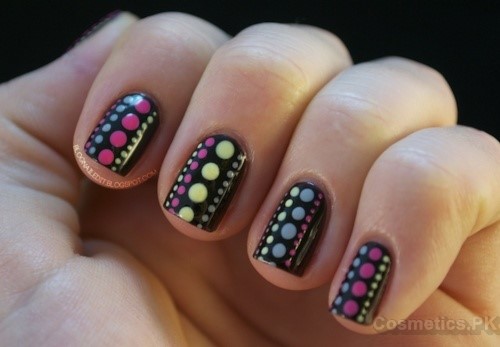 Black Nails With Multicolor Polka Dots Nail Art