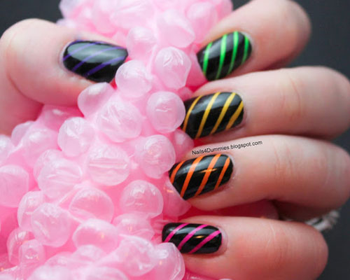 Black Nails With Rainbow Stripes Nail Art