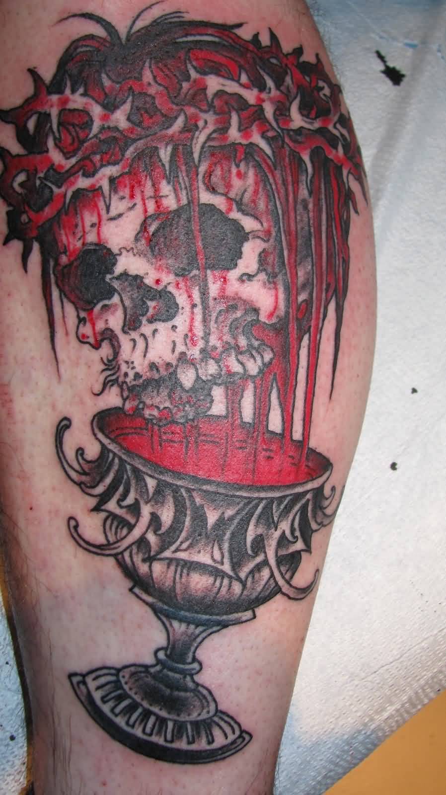 Bleeding Skull Chalice Tattoo On Leg