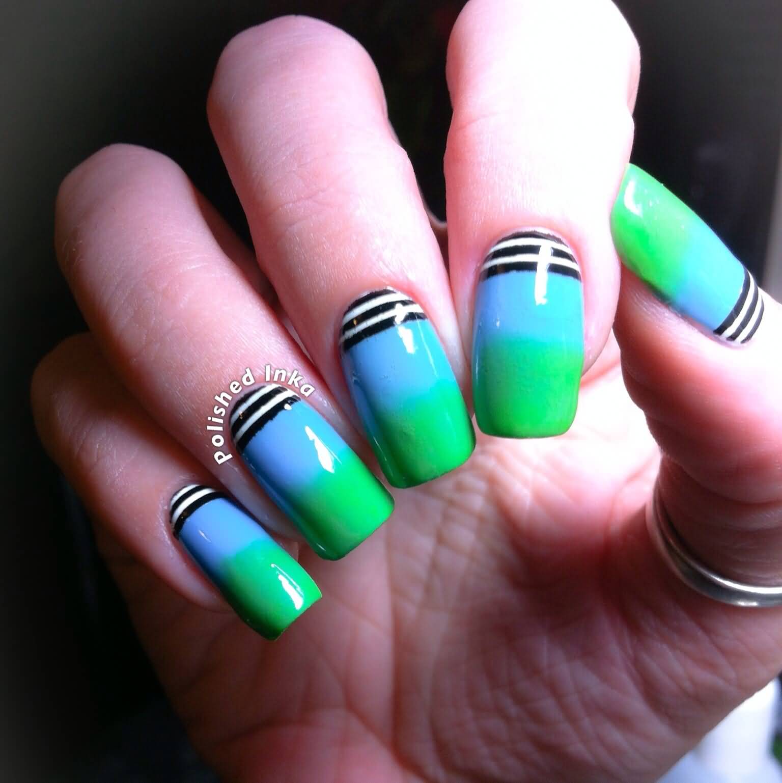 Blue And Green Nails With Black And White Stripes Nail Art