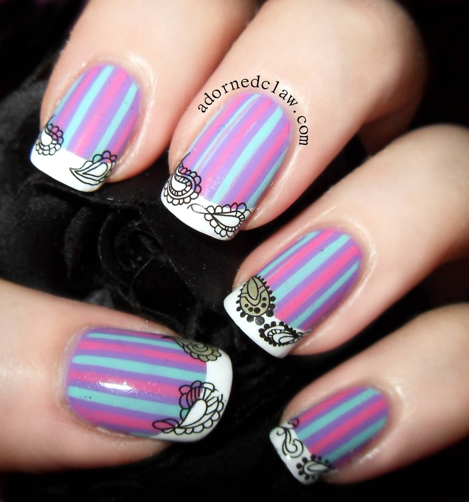 Blue And Pink Stripes Nail Art With Black Designs Nail Art