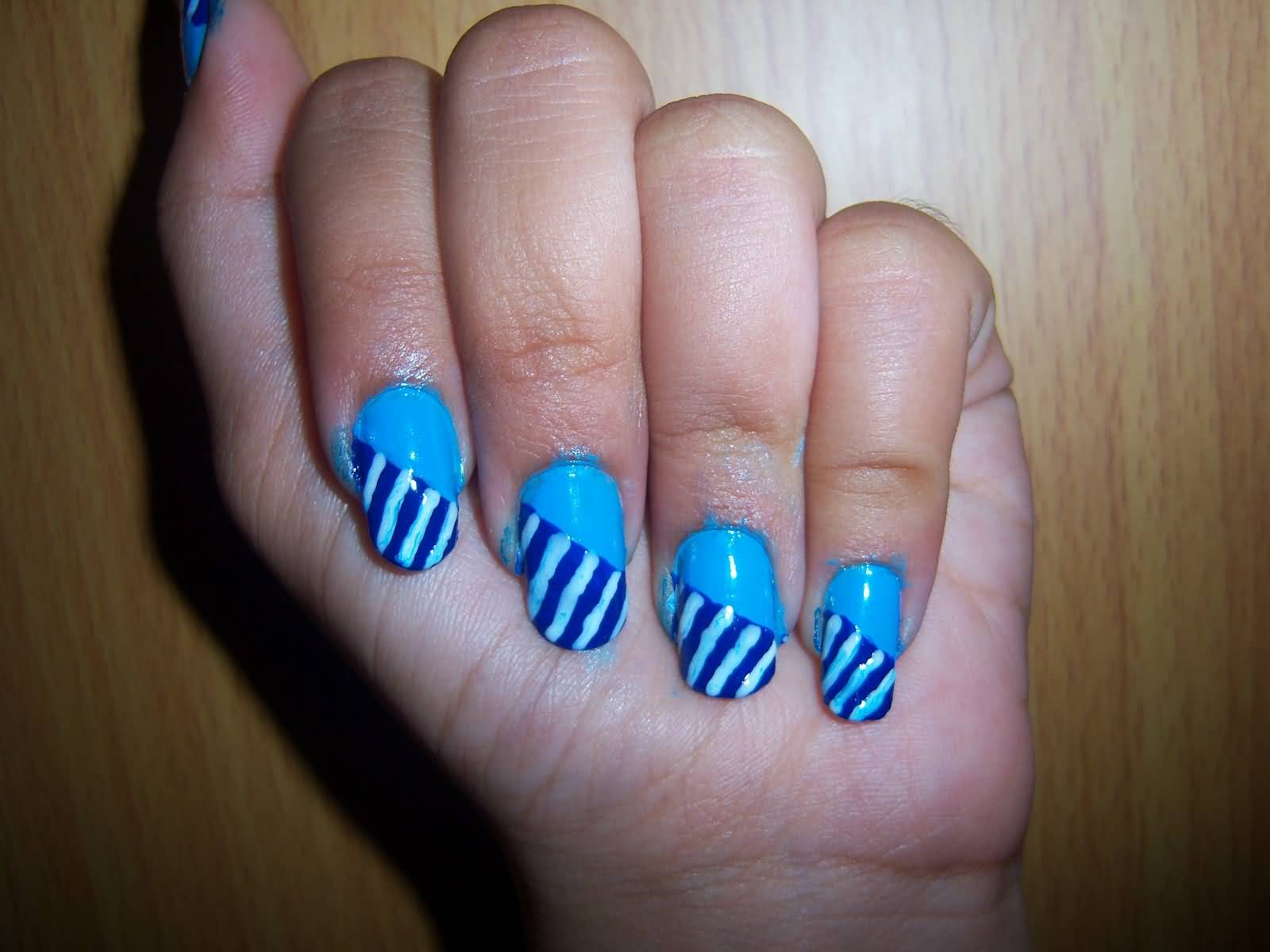 Blue And White Diagonal Stripes Nail Art