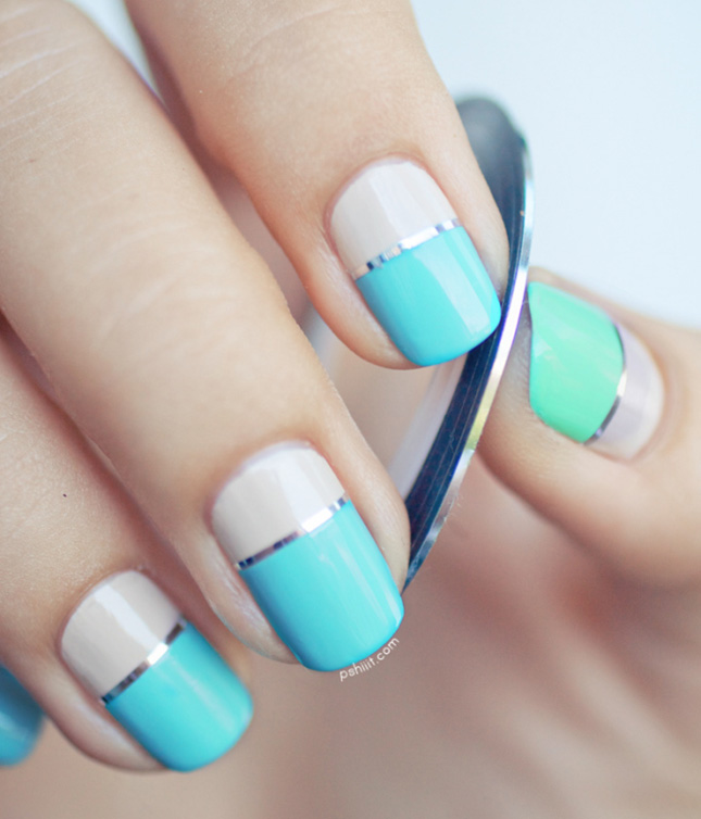 Blue And White Pastel Nail Art With Silver Strip Design