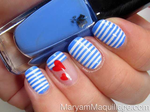 Blue And White Striped Nail Art