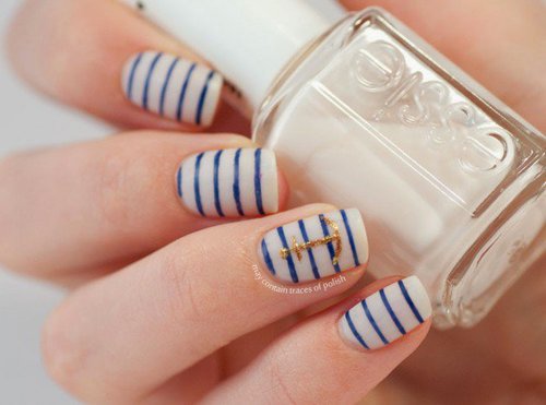 Blue And White Stripes Nail Art With Accent Anchor Sign