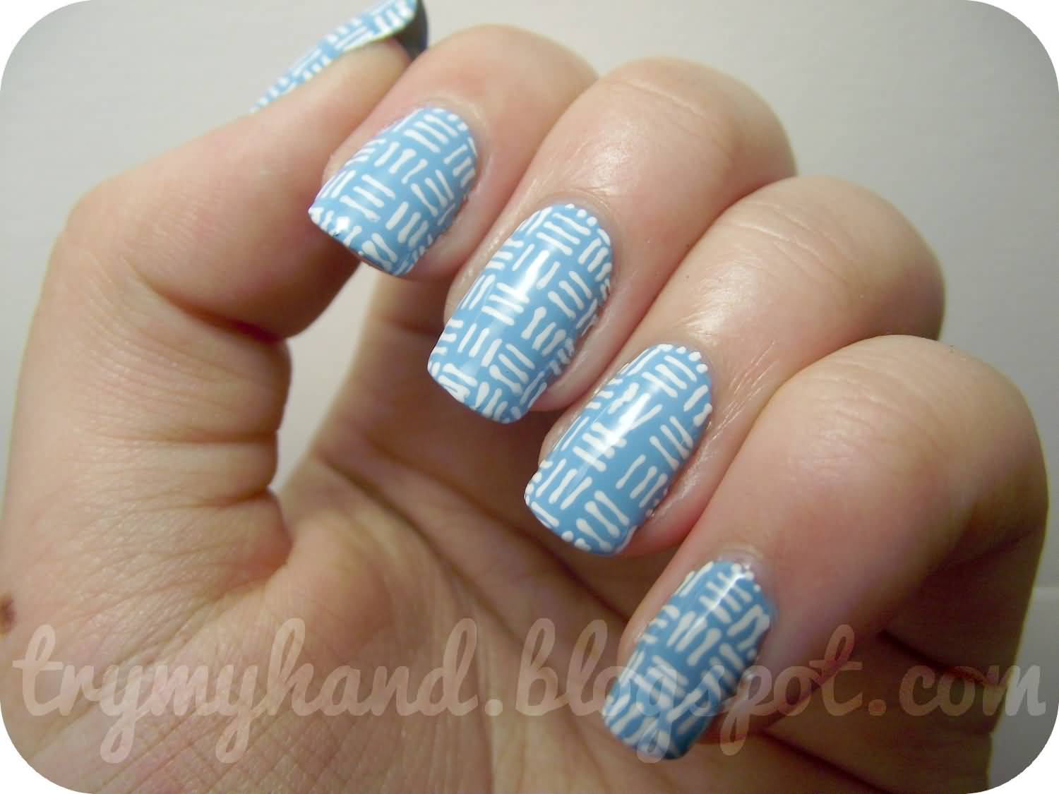 Blue Base Nails With White Stripes Design Nail Art