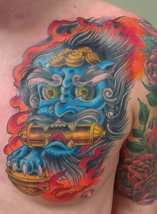 Blue Color Foo Dog With Flowers Colorful Tattoo On Chest To Shoulder