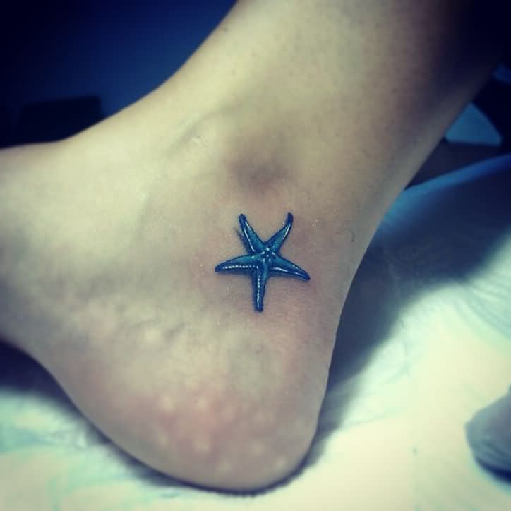Blue Ink 3D Small Starfish Tattoo On Ankle
