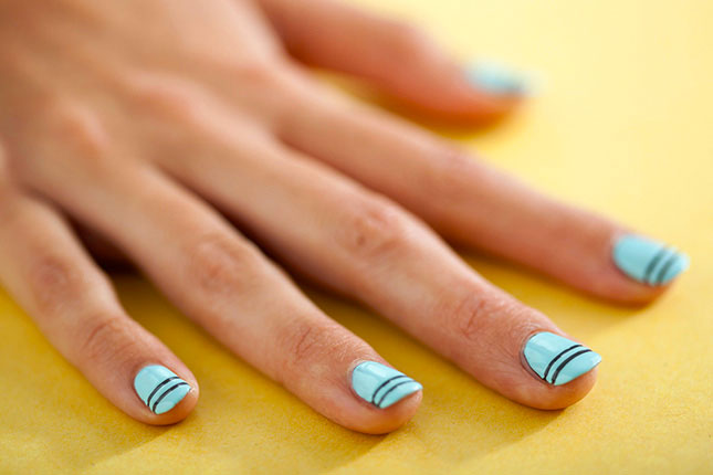 Blue Nails With Black Tip Stripes Design Nail Art