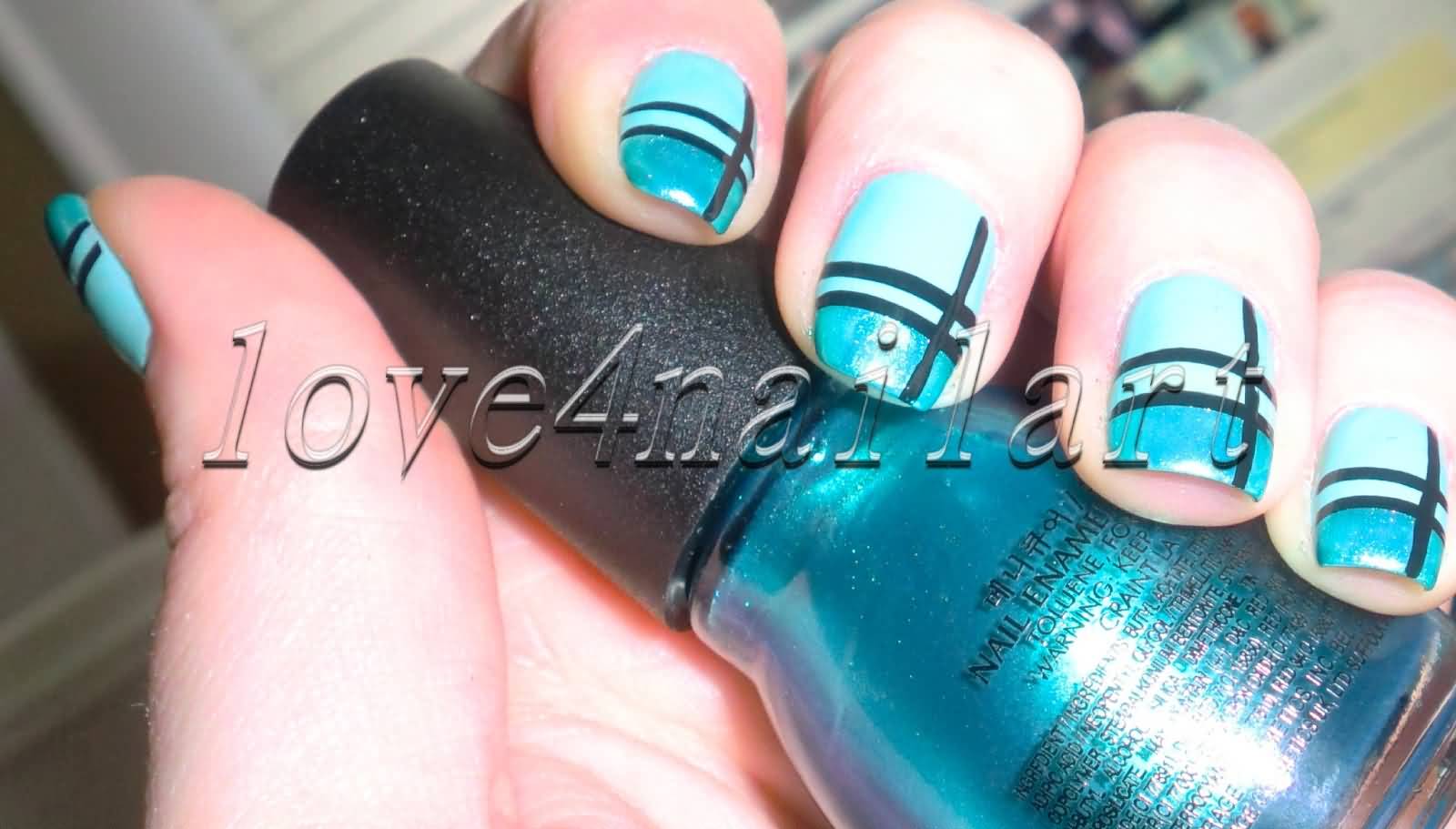 Blue Ombre Nails With Stripes Design Nail Art