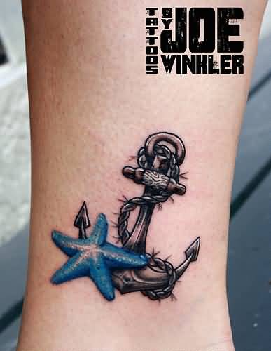 Blue Starfish And Black And Grey Anchor Tattoo