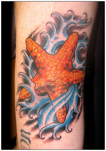 Blue Water Waves And Starfish Tattoo On Elbow