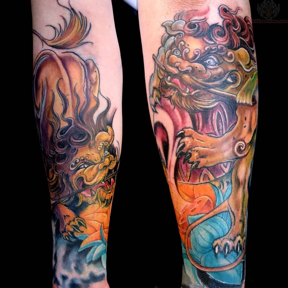 Brilliant Colorful Foo Dog Tattoo On Forearm