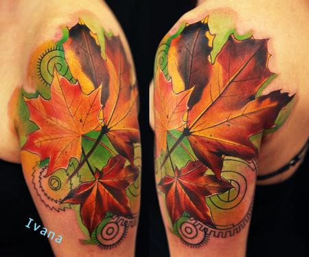Brilliant Leaves Fall Tattoo On Left Shoulder
