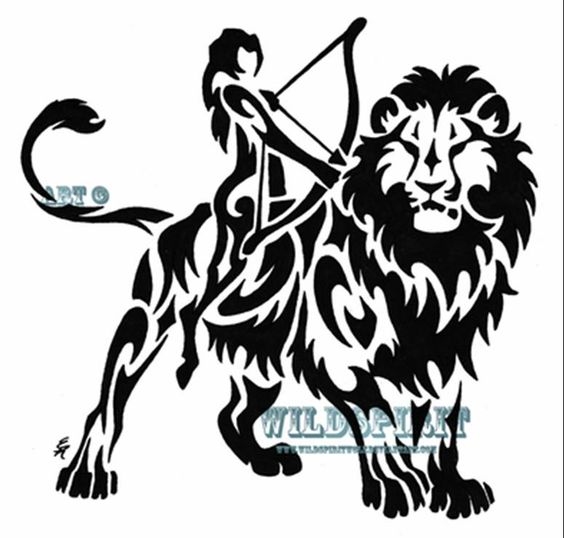 Brilliant Tribal Lion With Lady Holding Bow And Arrow Tattoo Design