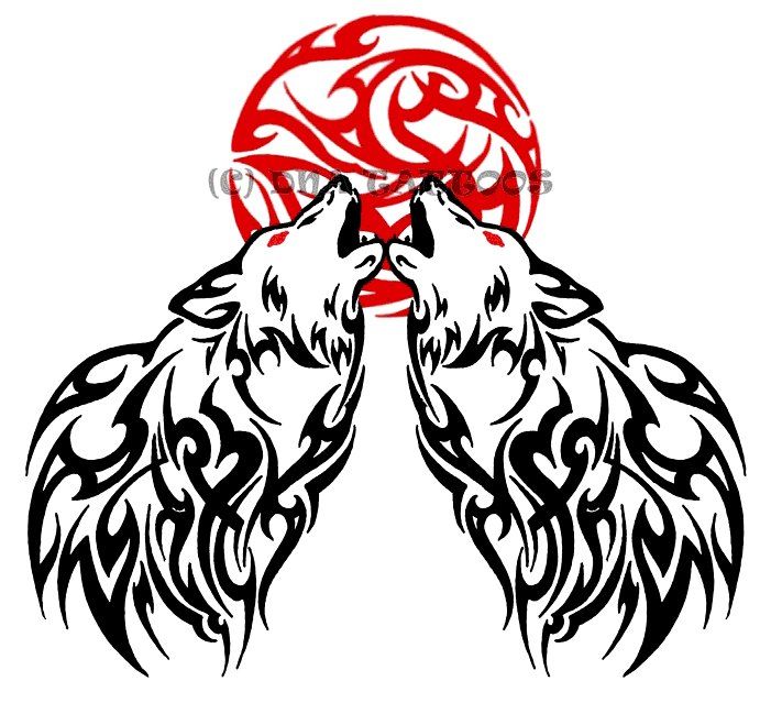 Brilliant Two Tribal Wolfs Roaring And Red Moon Tattoo Design