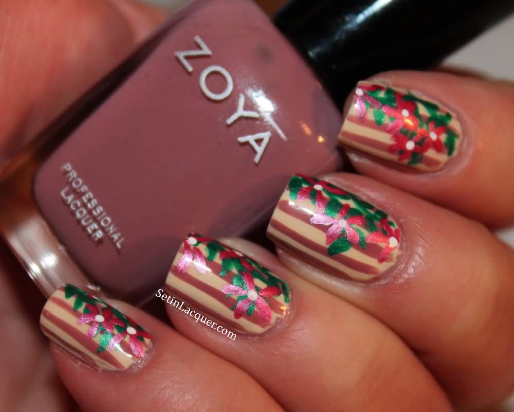 Brown Stripes Nail Art With Floral Design