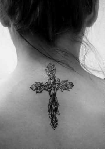Catholic Cross Tattoo On Upper Back