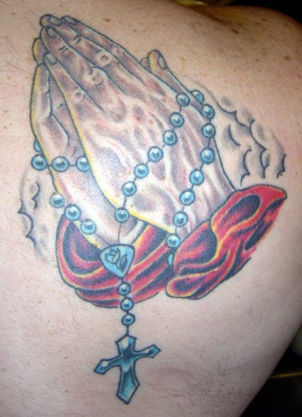 Catholic Praying Hands And Blue Rosary Tattoo On Back Shoulder