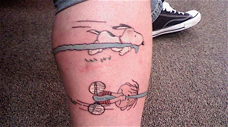 Charlie And Snoopy Tattoo On Leg