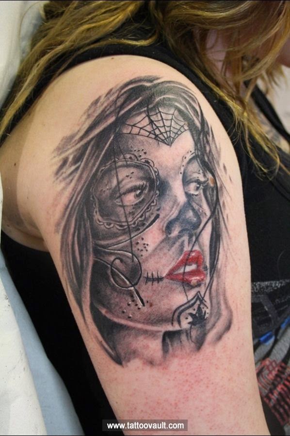Chicano Tattoo On Girl Right Shoulder
