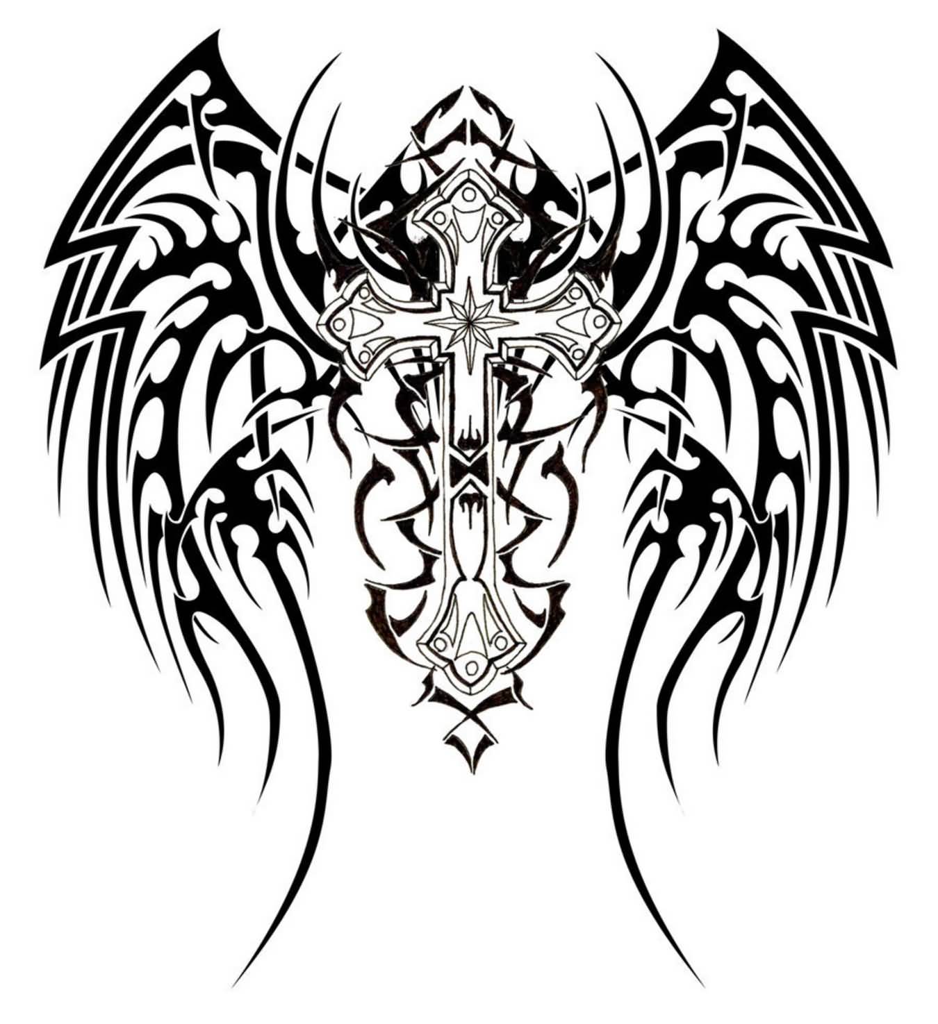 Christian Cross With Nice Tribal Design Tattoo