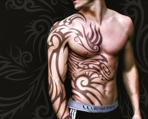 Classic Tribal Design Tattoo On Right Chest And Body For Men