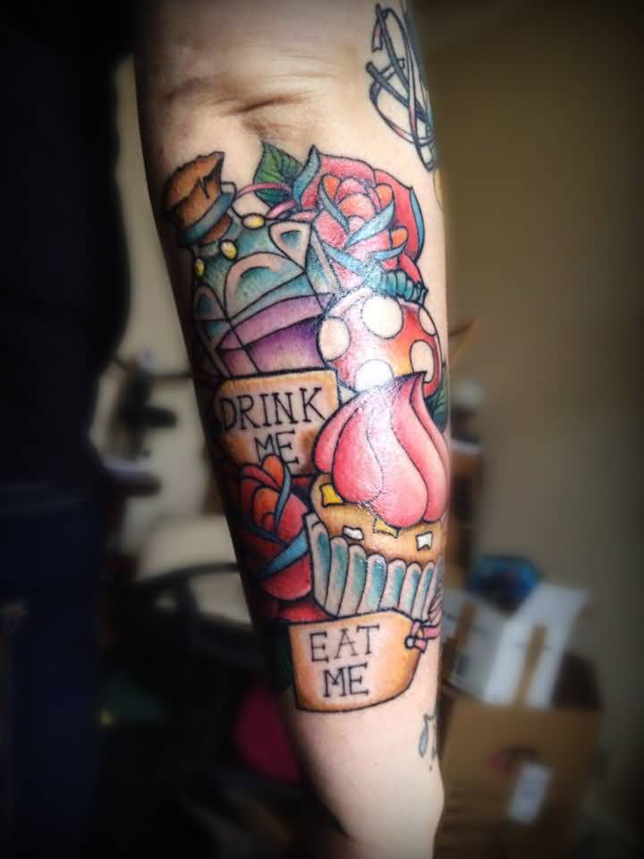 Color Ink Alice in Wonderland Tattoo On Right Arm
