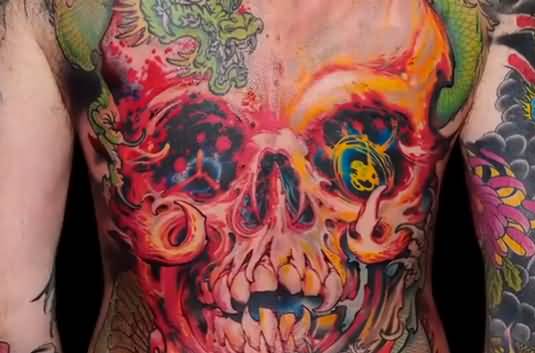 Colored Skull Artistic Tattoo On Back Body
