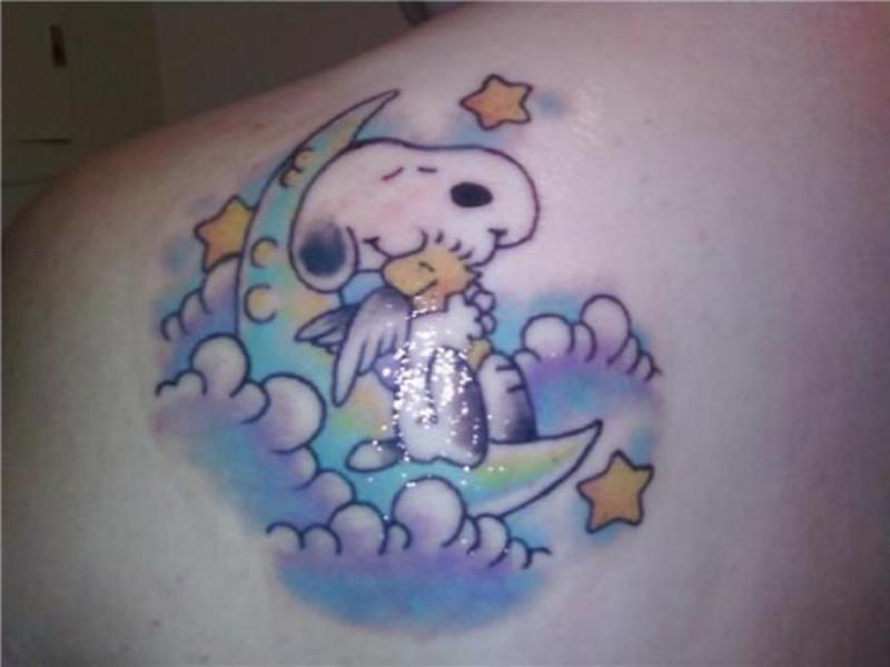 Colored Snoopy On Moon Tattoo
