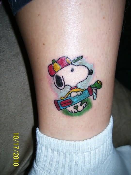 Colored Snoopy Tattoo On Side Leg