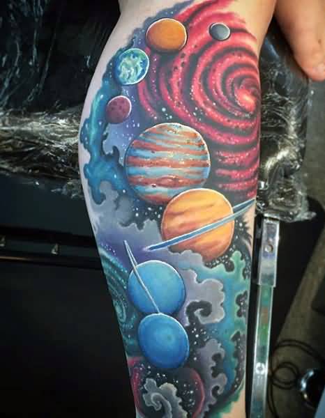 Colored Space Tattoo On Leg