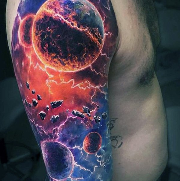 Colored Space Tattoo On Man Right Half Sleeve