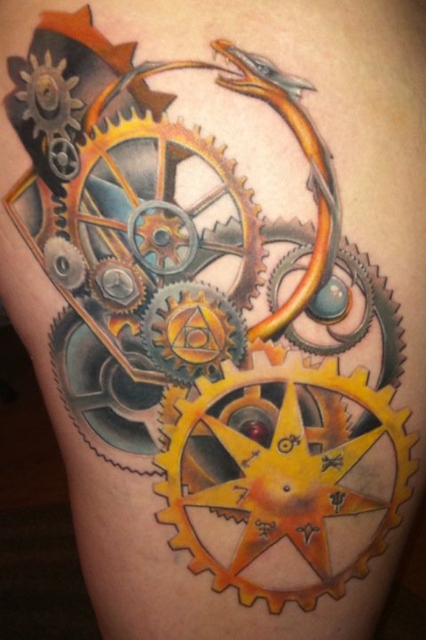 Colored Steampunk Gears Tattoo by Sevyntnein