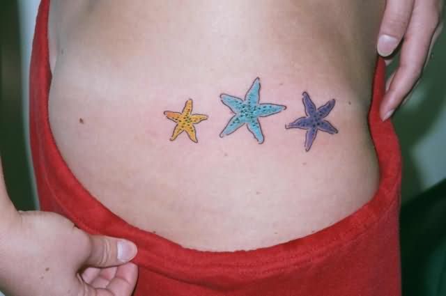Colored Three Starfishes Tattoo On Side