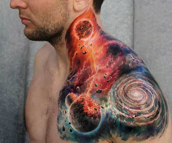 Colored Universe Space Tattoo On Left Shoulder