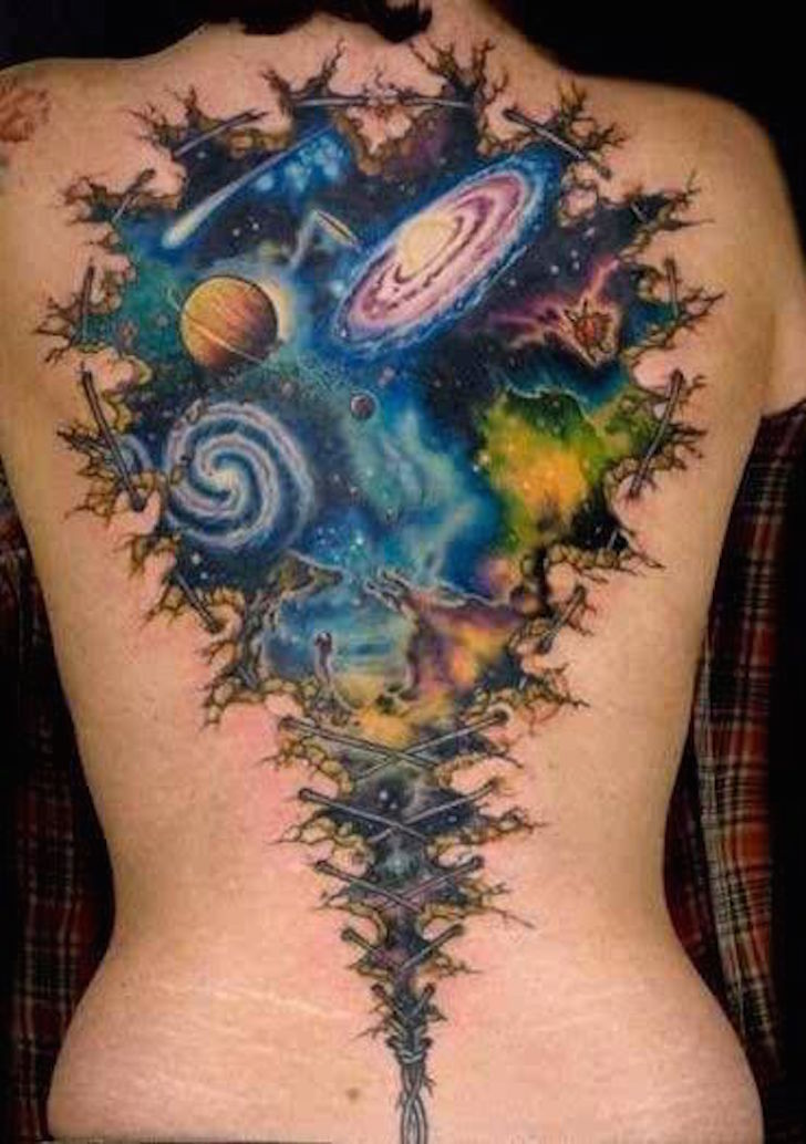 Colored Universe Tattoo On Girl Back Body